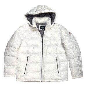 GUESS White Winter Puffer Parka Jacket Designer Insulated Coat w Hood Mens XL